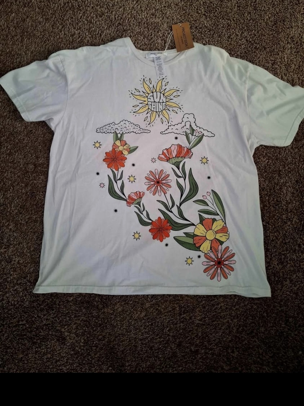 Project Social T White Floral Sun Tee with Orange & Yellow Accents